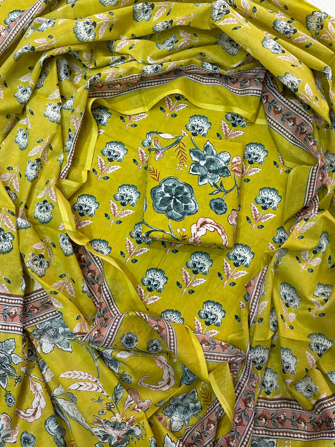 Pure Cotton Hand Block Print Unstitched Suit With Cotton Dupatta