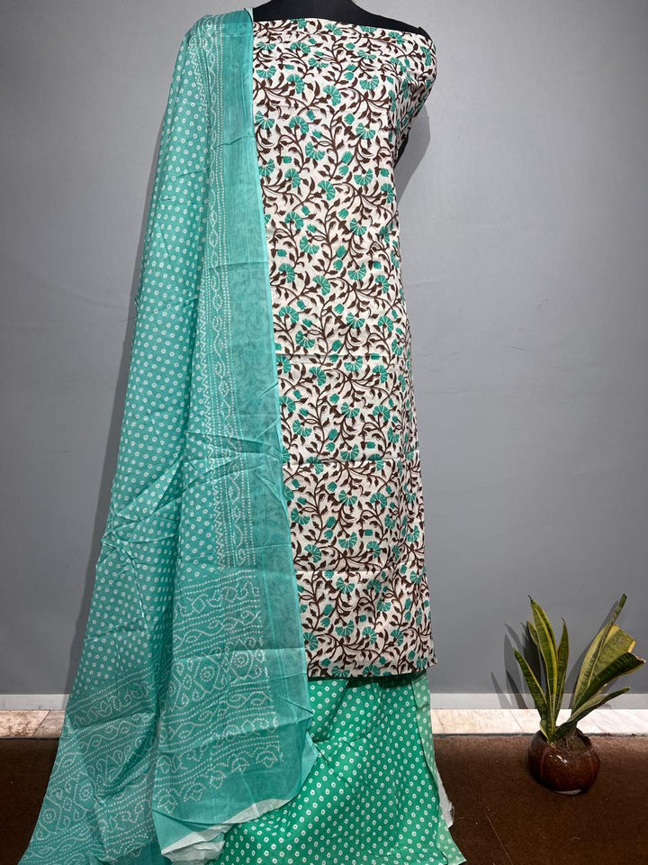 Pure Cotton Hand Block Print Unstitched Suit With Cotton Dupatta.