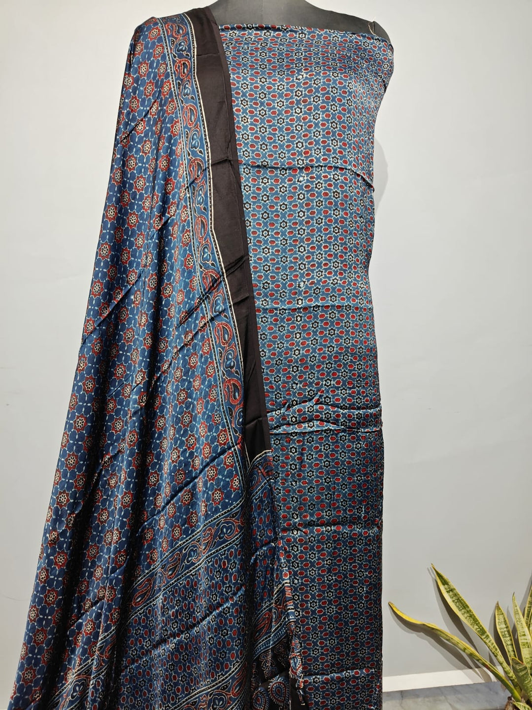 Pure Modal Silk Ajrakh Hend Block Zari Pallu Weaved 2pc Unstitched Suit