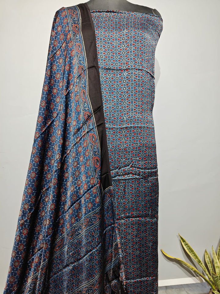 Pure Modal Silk Ajrakh Hend Block Zari Pallu Weaved 2pc Unstitched Suit