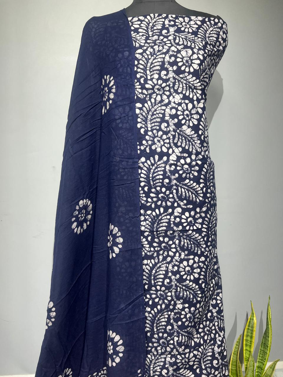 Pure Cotton Hand Block Print Unstitched Suit With Cotton Dupatta