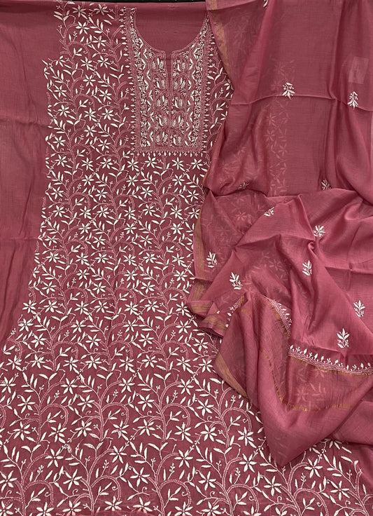 Pure Mul Mul Chanderi Hand Embroidery Unstitched Suit.