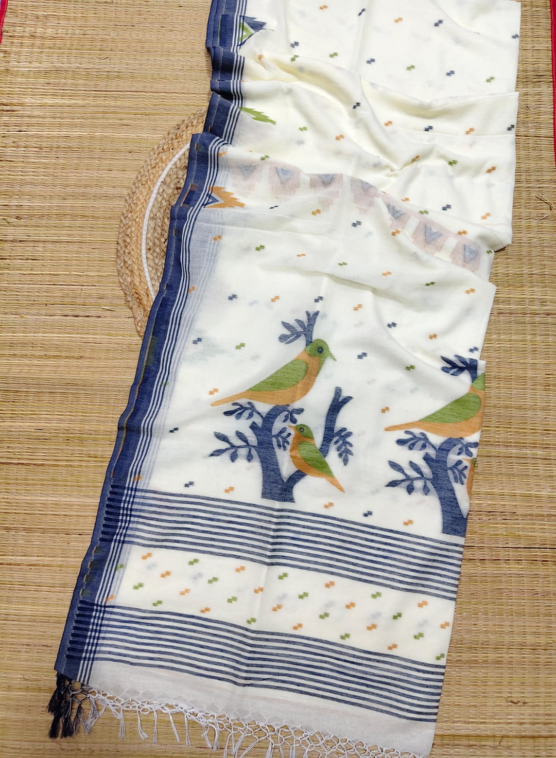 Pure Cotton Handloom Jamdani Bird Motif Saree With Blouse