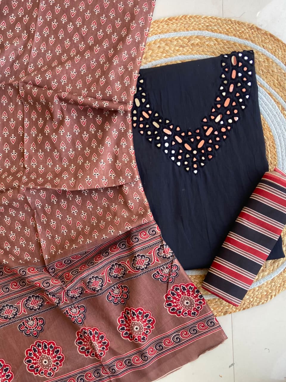 Pure Cotton Azrakh Print Unstitched Suit With heavy mirror work