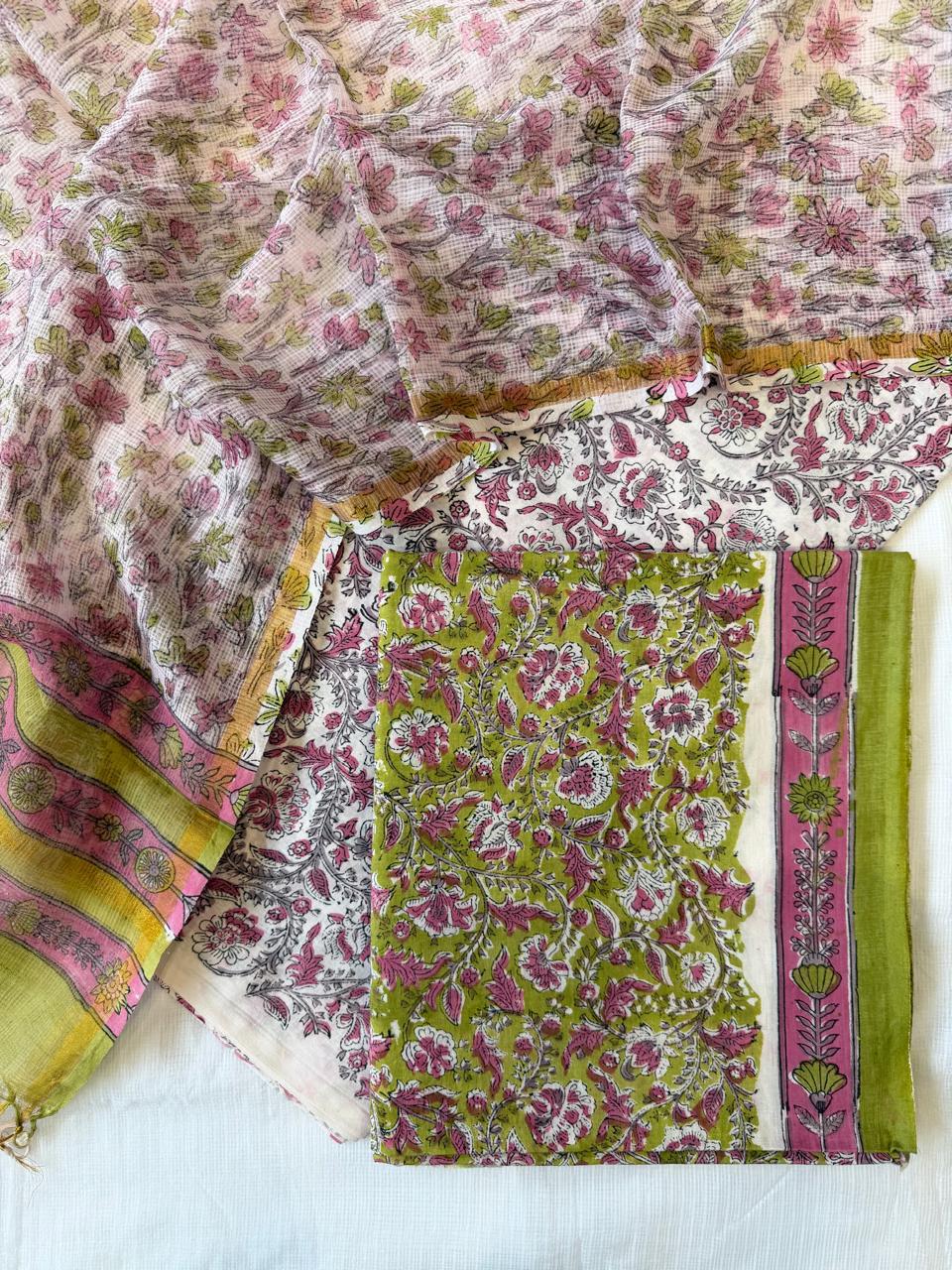 Pure Cotton Hand block print Unstitched Suit with Kota Dupatta