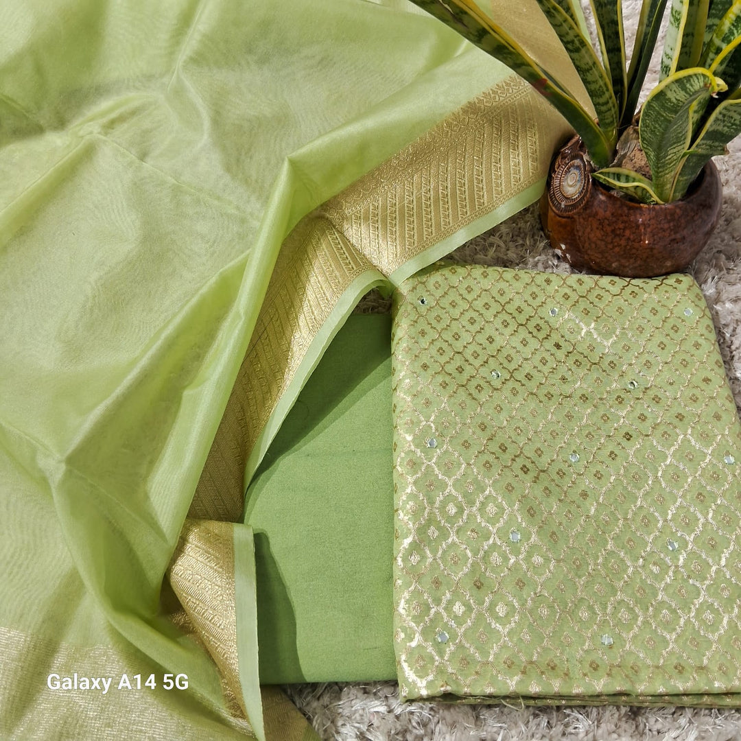 Pure Banarasi chanderi silk zari wark unstiched suit.