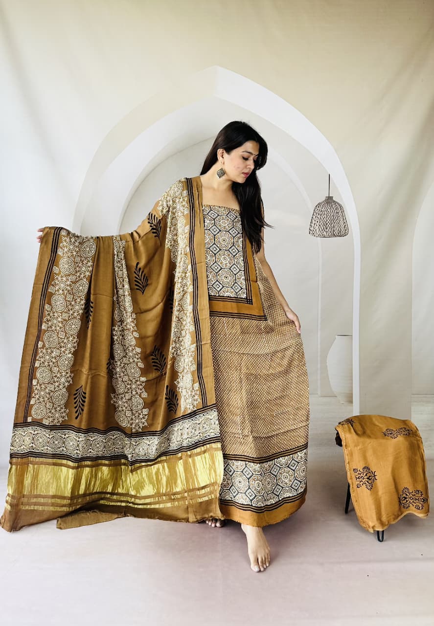 Pure Modal Silk Ajrakh Hand Block Zari Pallu Weaved 3pc Unstitched Suit