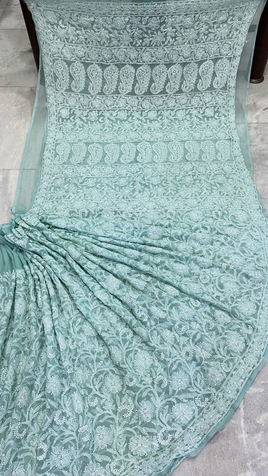 Pure Chiffon Georgette Chikankari Hand Embroidery Full Jaal Work Saree.