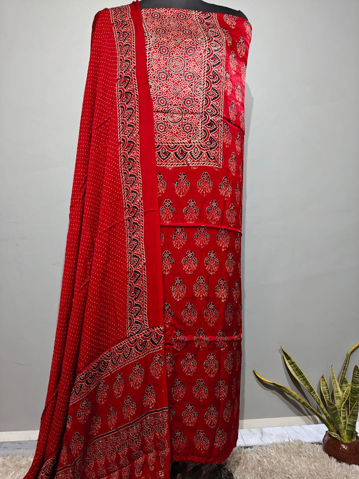 Pure Modal Silk Ajrakh Hend Block Zari Pallu Weaved 3pc Unstitched Suit