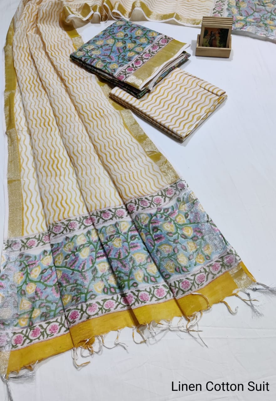 Hand Block Printed Linen Unstitched Suit .