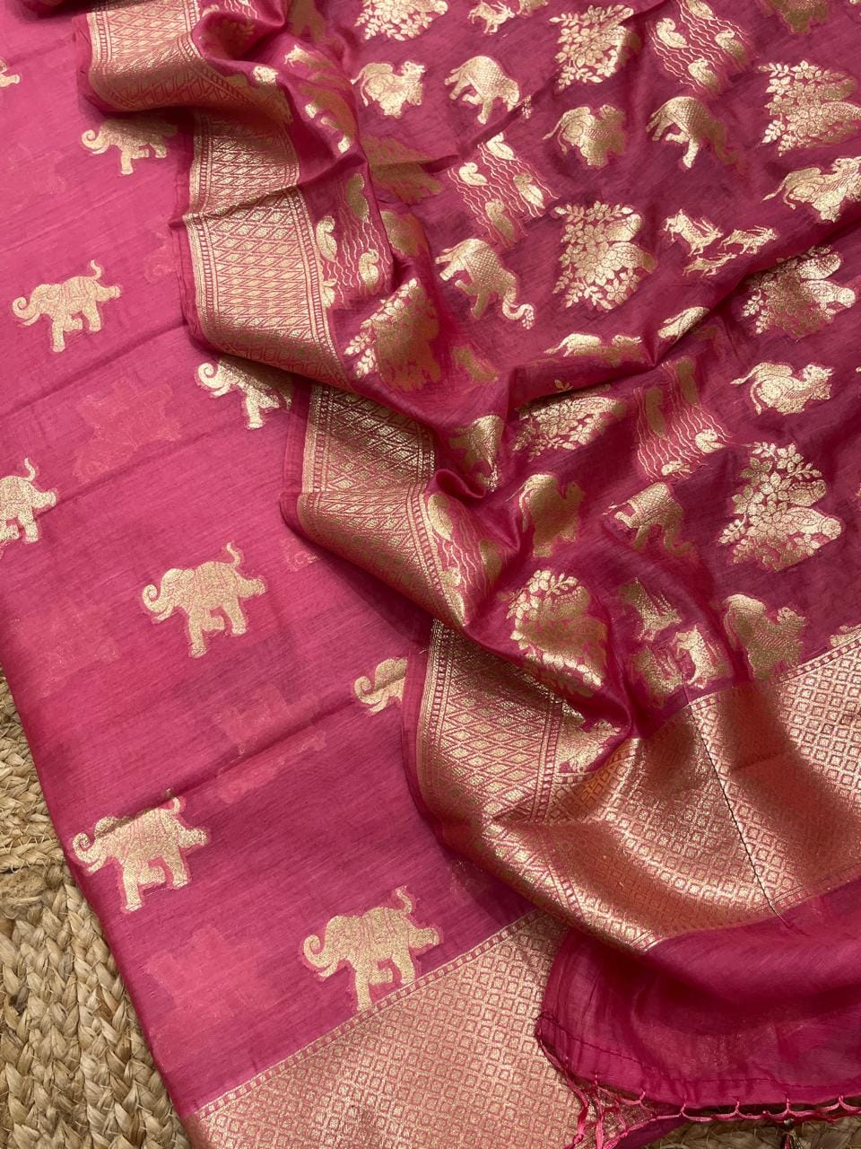 Pure Banarasi Mul Chanderi Silk Zari Weaved Unstitched Suit.