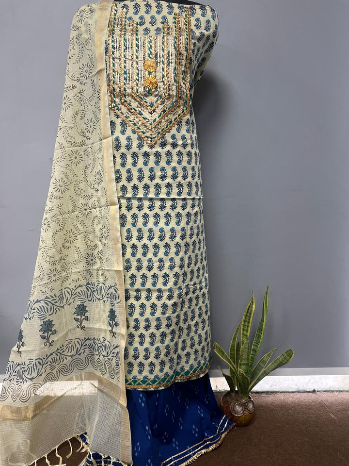 Pure Cotton Hand Block Gotta patti Work unstitched suit