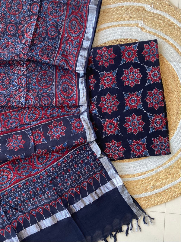 Exclusive Azrakh Hand block Pure Cotton Linen 2-Piece Unstitched Suit  With Dupatta
