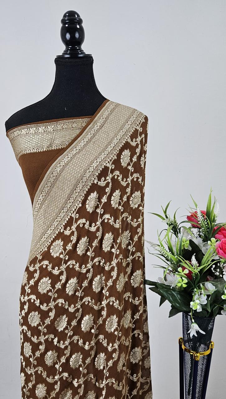 Pure Banarasi Handloom Khaddi Georgette Silk Water Zari Work Saree. | NEW EDITION |