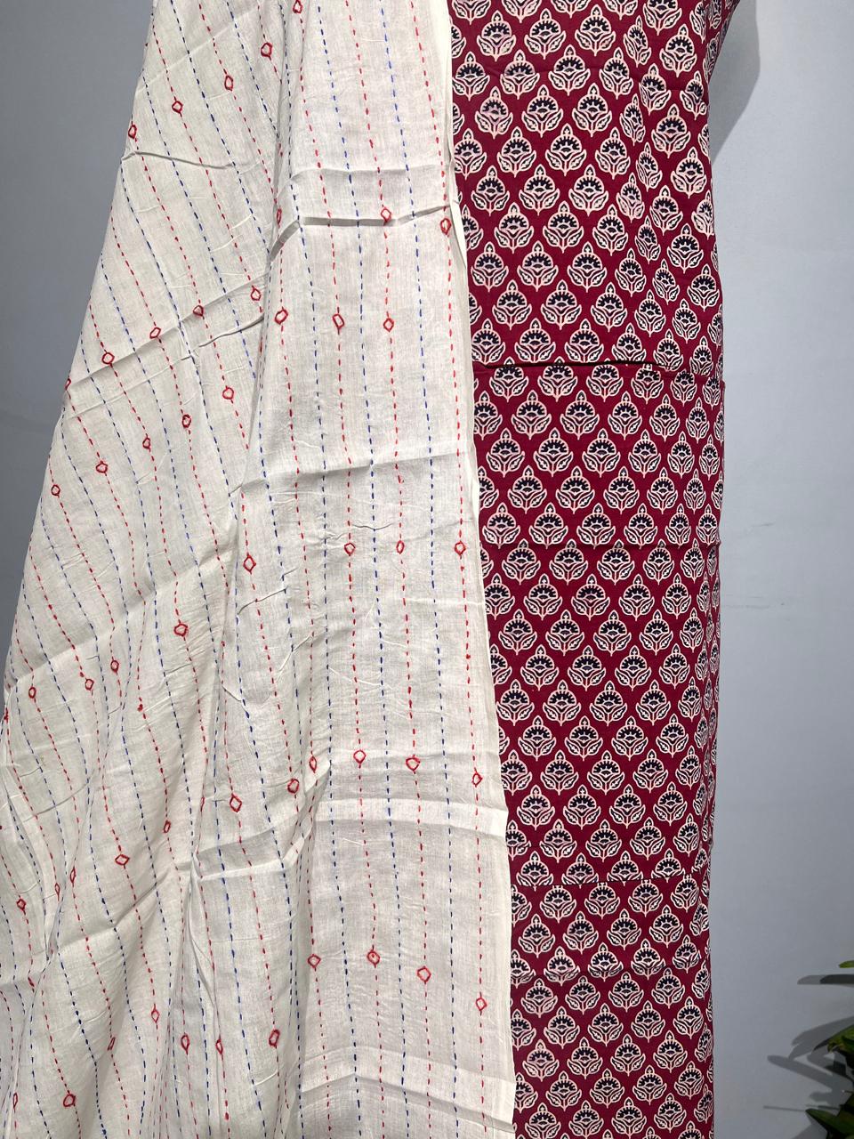 Pure Cotton Azrakh Print Unstitched suit With katha work Dupatta