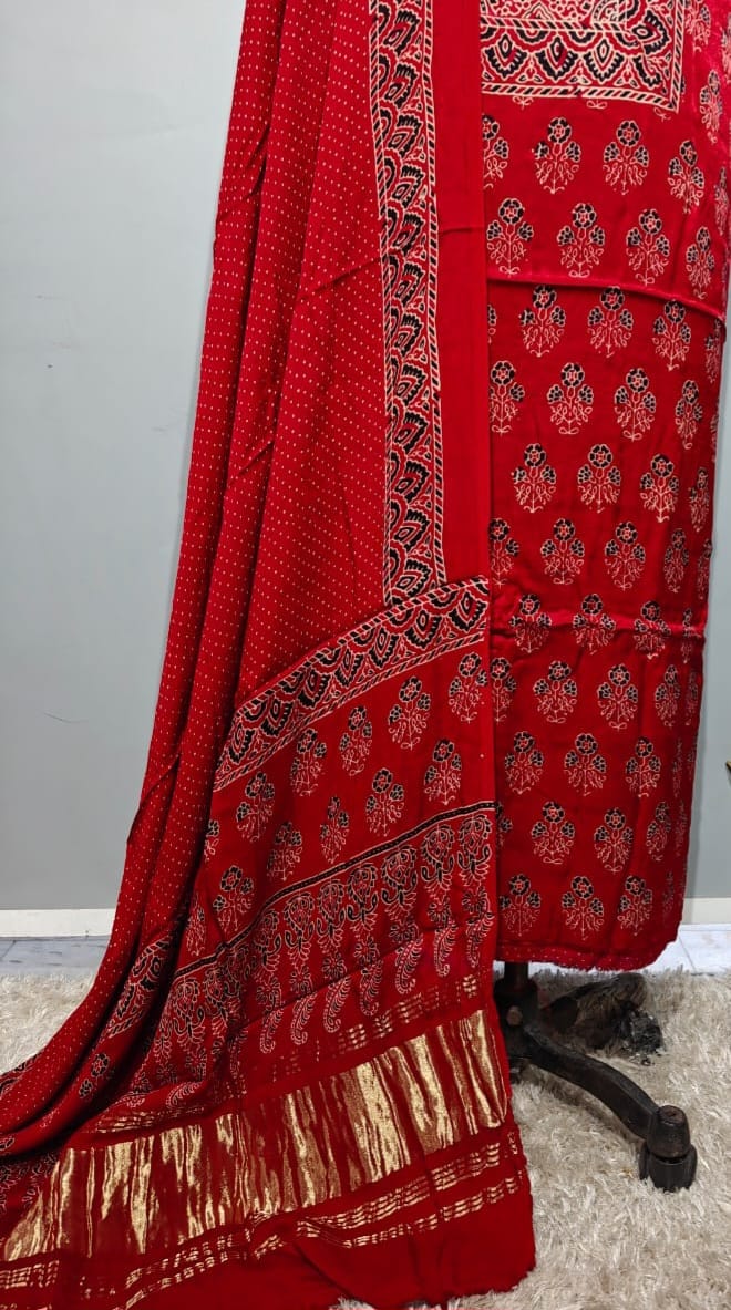 Pure Modal Silk Ajrakh Hend Block Zari Pallu Weaved 3pc Unstitched Suit