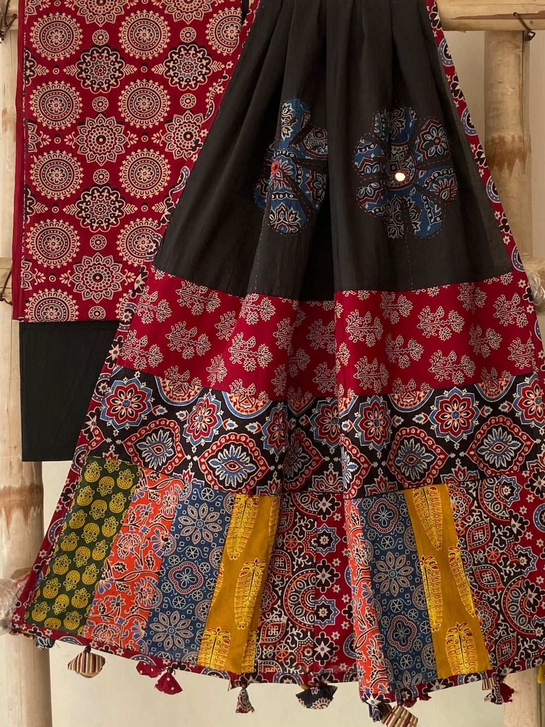 Pure Cotton Azrakh Print Unstitched suit With Hand kantha Work Dupatta