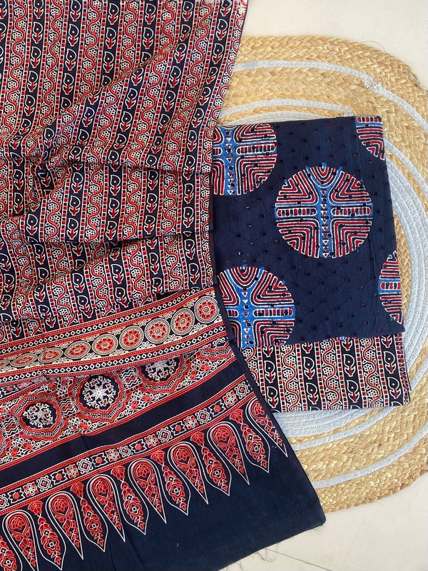 Pure Cotton Azrakh Print Unstitched Suit With  mul cotton  Duppatta