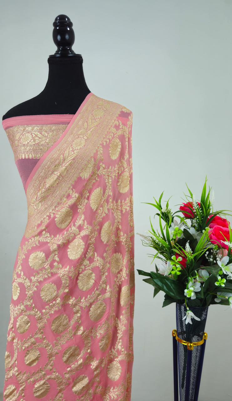 Pure Banarasi Handloom Khaddi Georgette Silk Water Zari Work Saree. | NEW EDITION |