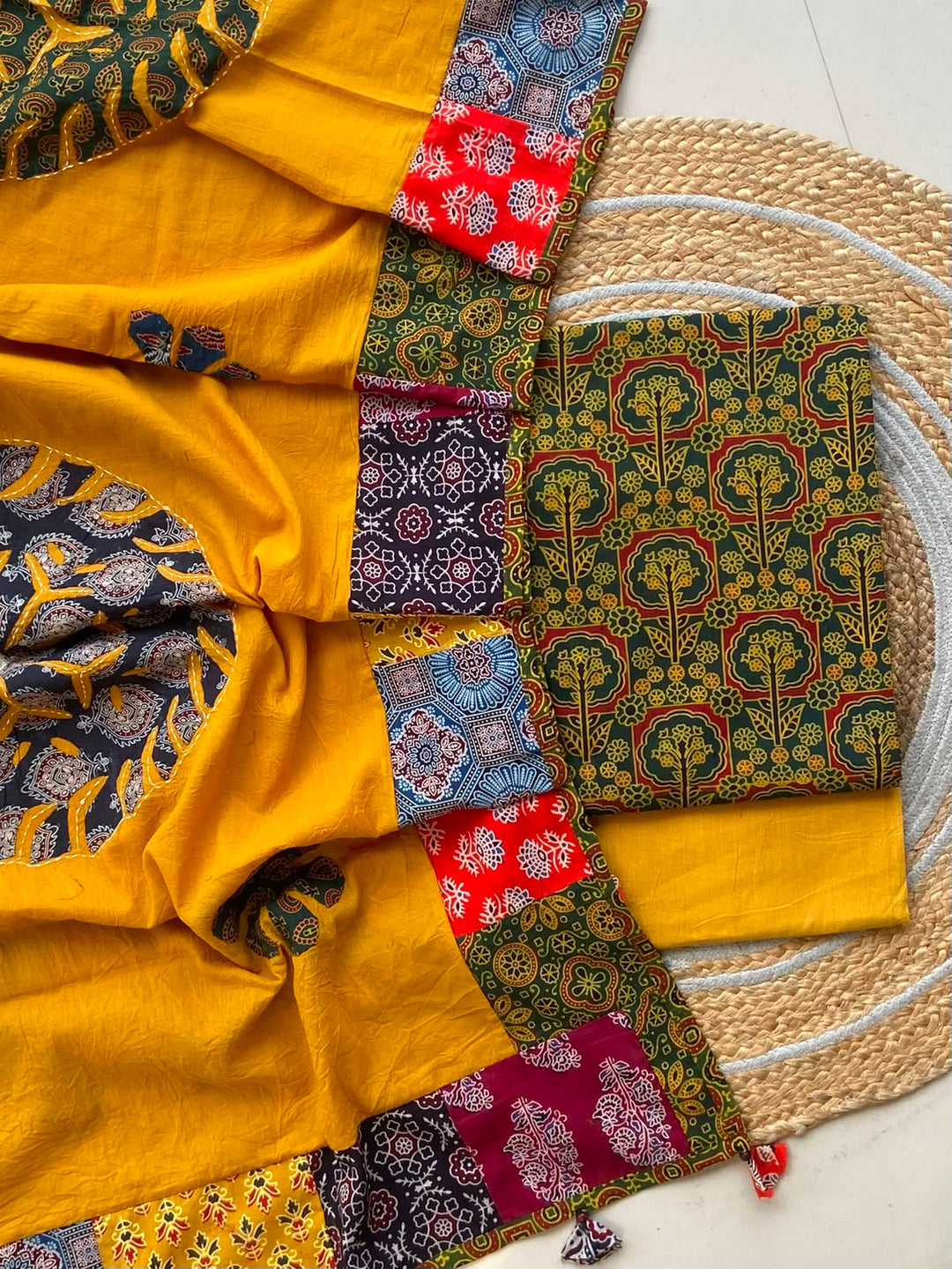 Pure Cotton Azrakh Print Unstitched Suit With Applique Work Dupatta