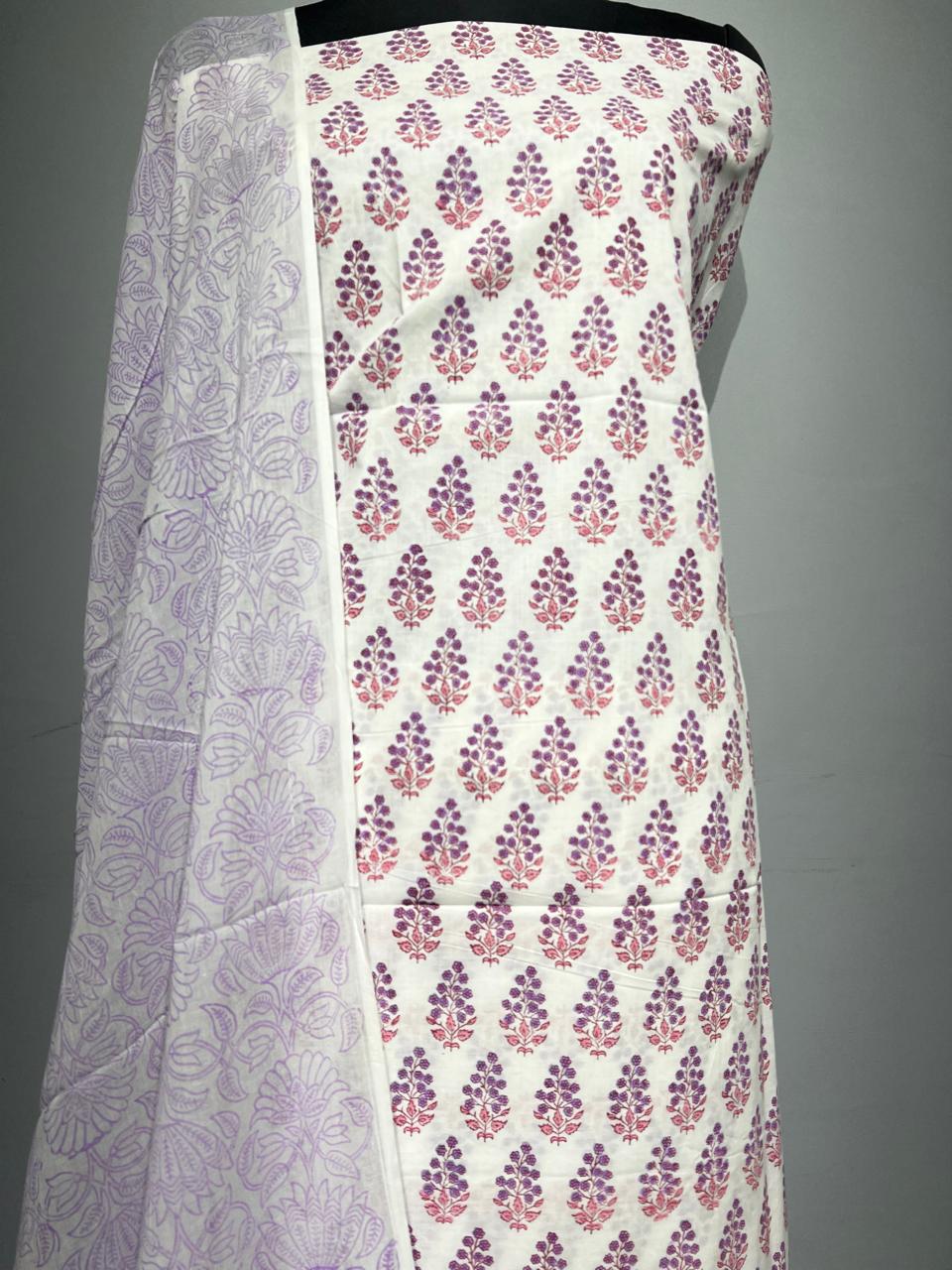 Pure Cotton Hand Block Print Unstitched Suit With Cotton Dupatta