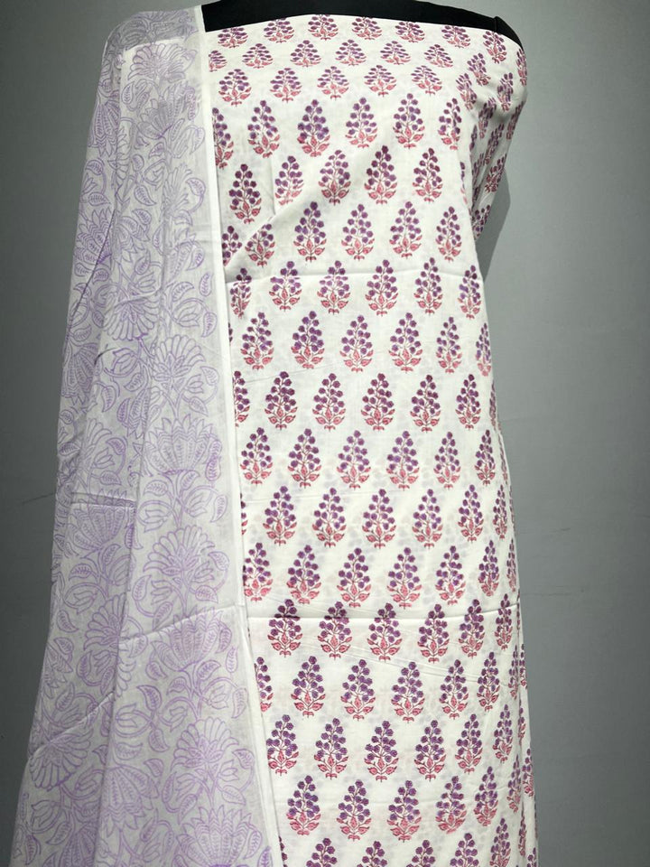 Pure Cotton Hand Block Print Unstitched Suit With Cotton Dupatta