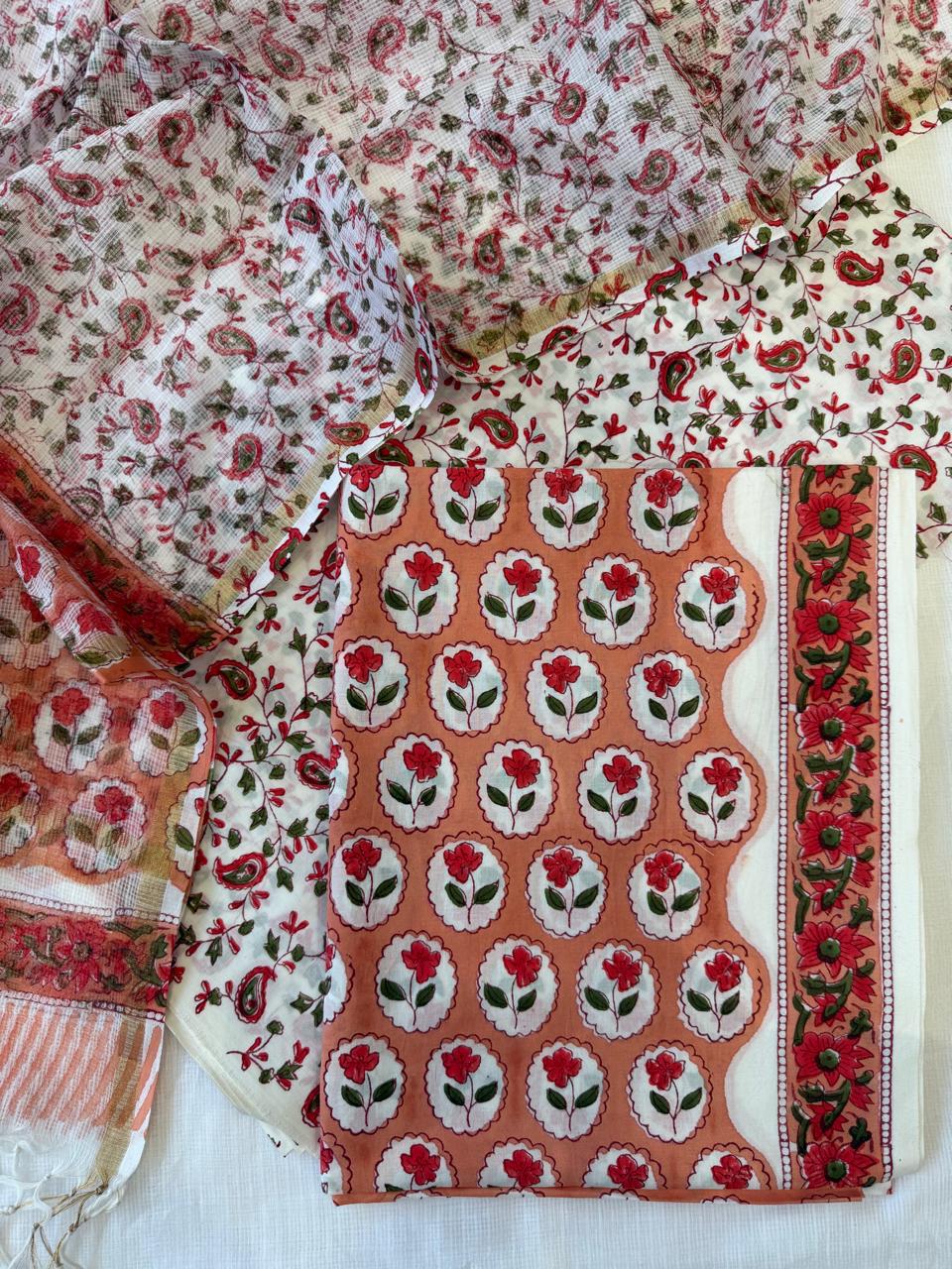 Pure Cotton Hand block print Unstitched Suit with Kota Dupatta