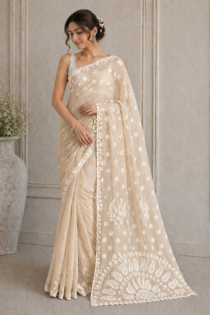 Pure Chiffon Chikankari Half Jaal Work Hand Embroidery Saree with Blouse
