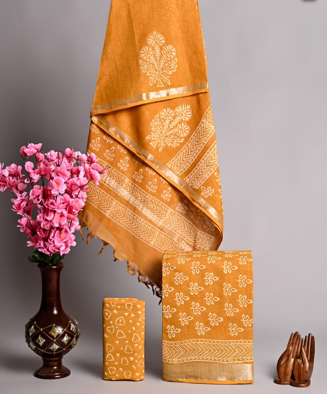 Hand Block Printed Linen Unstitched Suit .