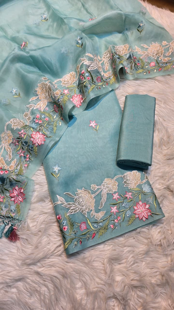 Pure Banarasi Organza Silk Applique Work Unstitched Suit.