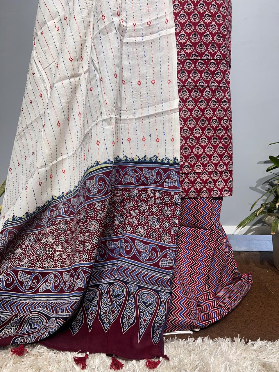 Pure Cotton Azrakh Print Unstitched suit With katha work Dupatta