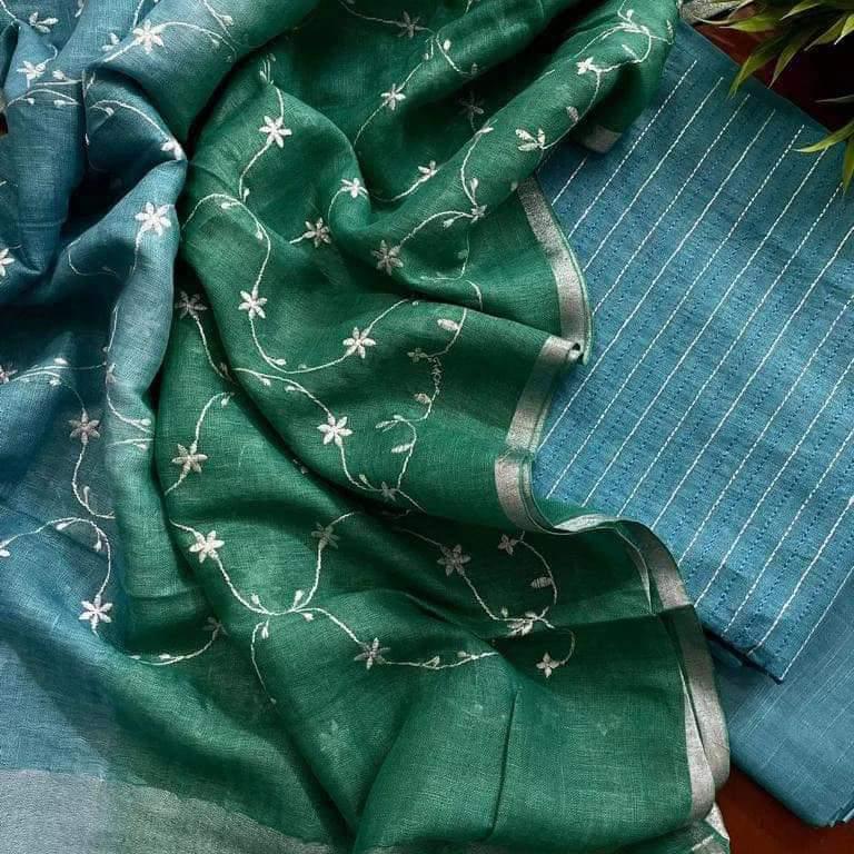 Bhagalpuri Cotton Linen Embroidery Unstitched suit.