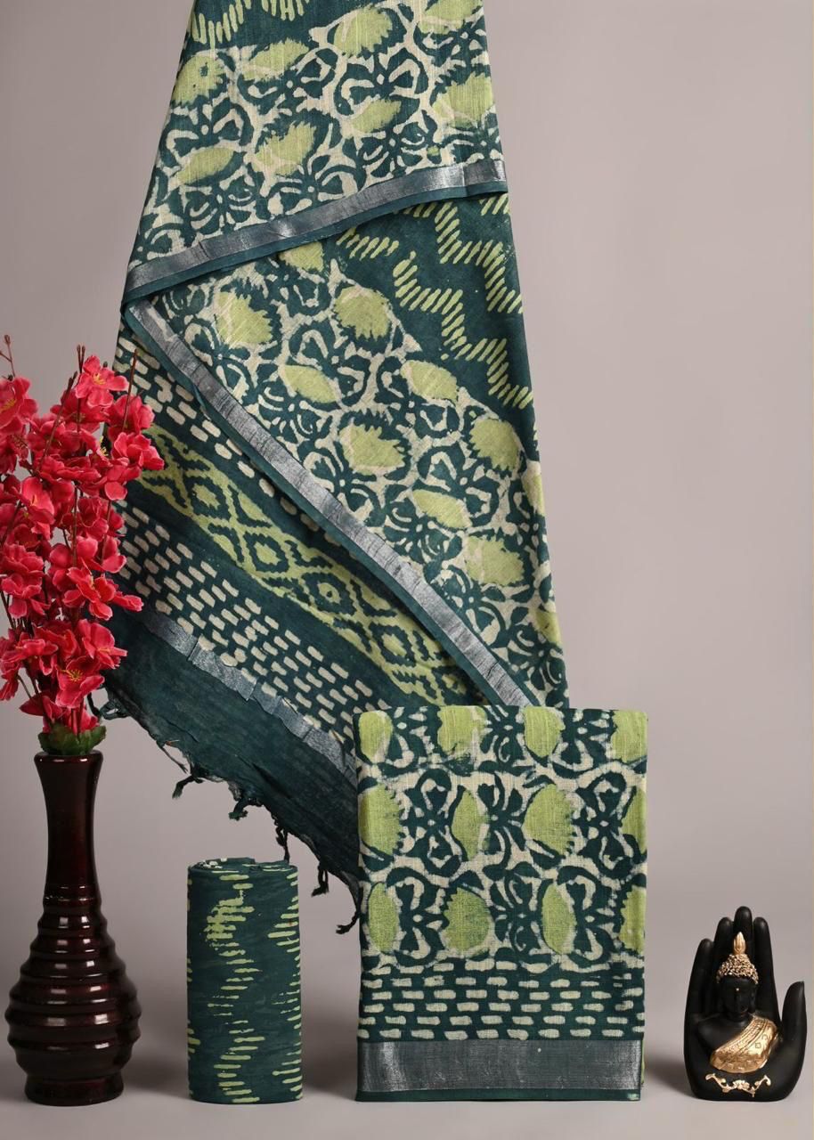 Hand Block Printed Linen Unstitched Suit.