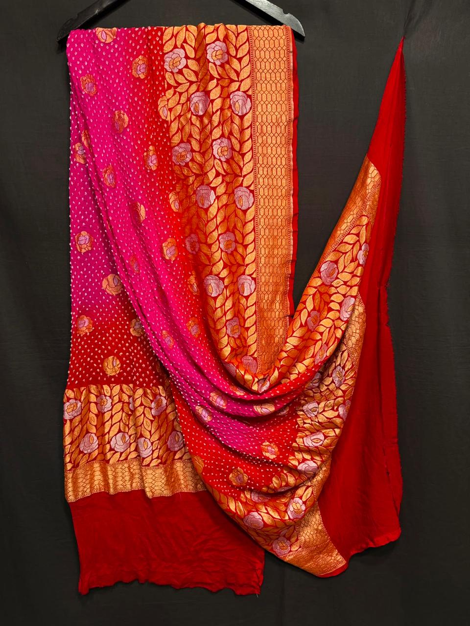 Pure Khaddi Georgette Real Neem Zari Handloom Woven Rayi Bandhej Dupatta