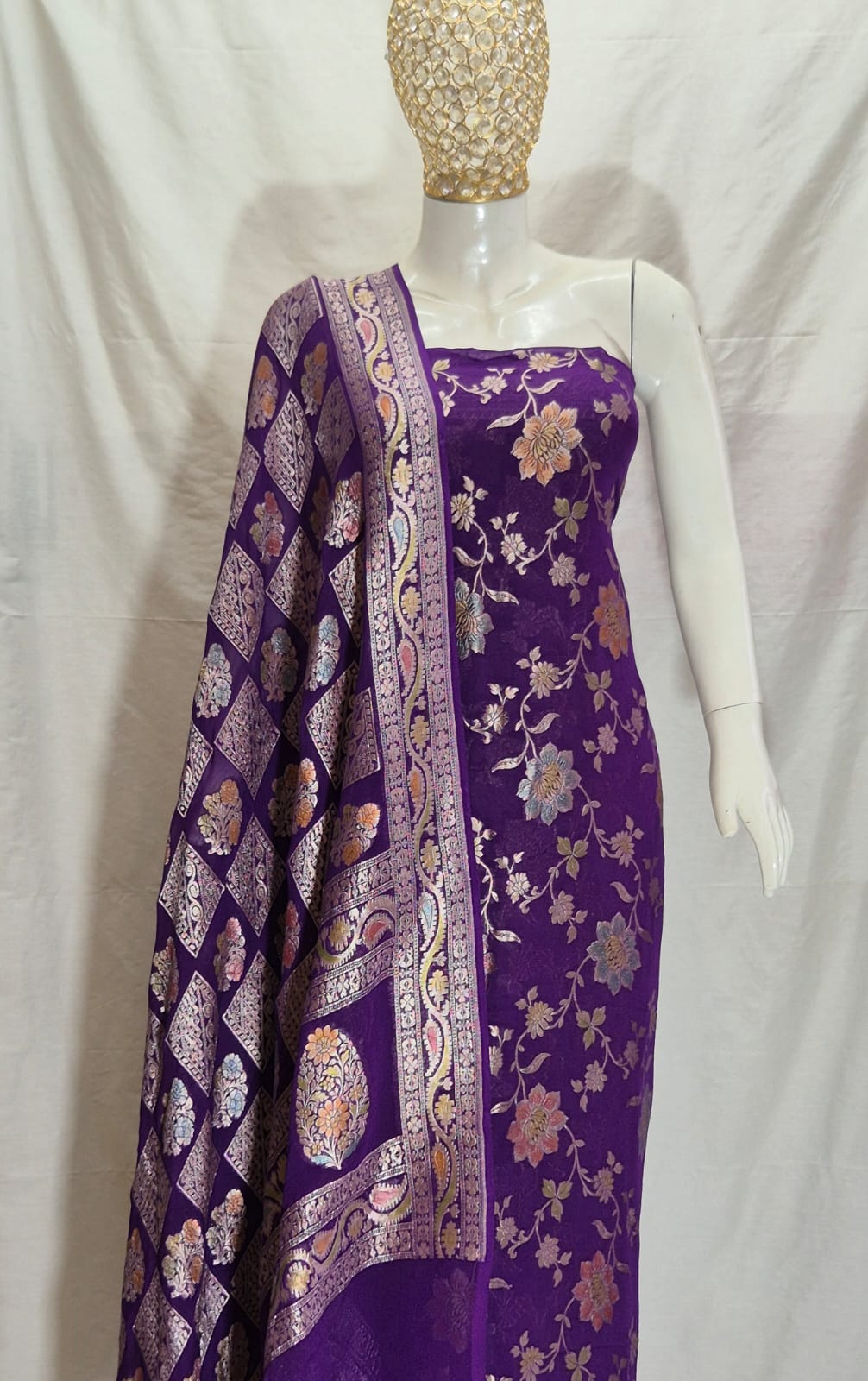 Pure Khhadi Chiffon Georgette Water Zari Work Unstitched Suit With khhadi Georgette Dupatta.