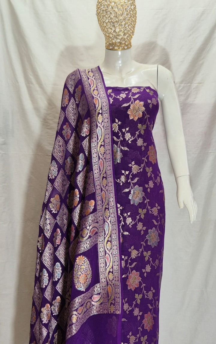 Pure Khhadi Chiffon Georgette Water Zari Work Unstitched Suit With khhadi Georgette Dupatta.