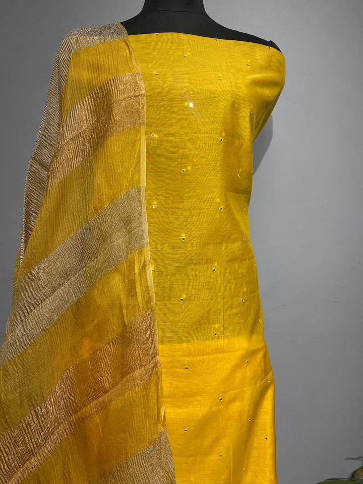 Exclusive Pure Banarasi Chanderi Silk Unstitched Suit with Organza Crushed Tissue Stripe Dupatta