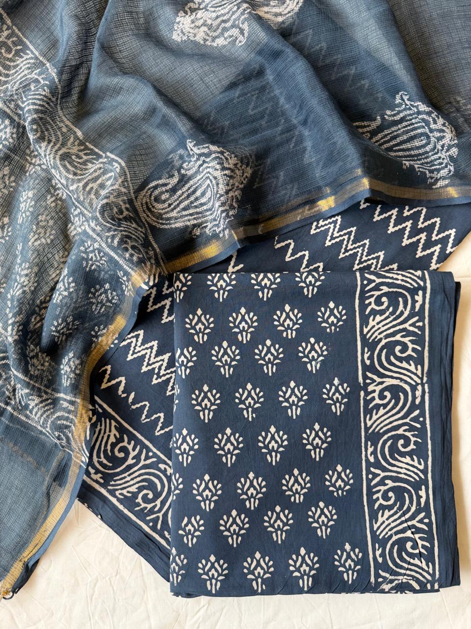 Pure Cotton Hand block print Unstitched Suit with Kota Dupatta