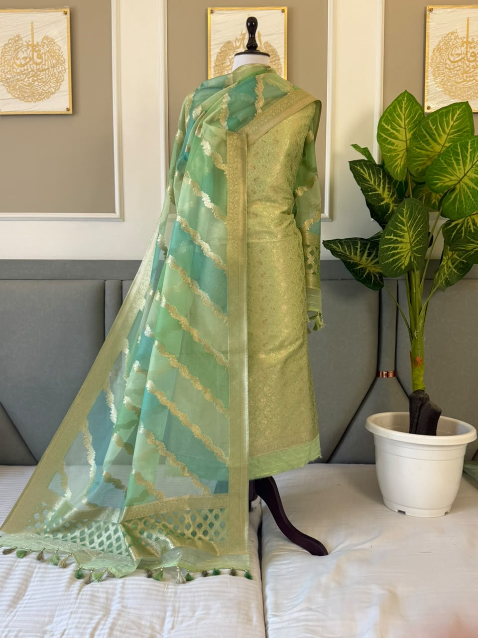Pure Banarasi Brocade Zari work Unstitched Suit with Organza rangkat Dupatta