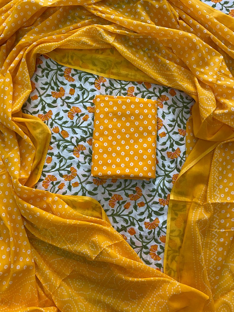 Pure Cotton Hand Block Print Unstitched Suit With Cotton Dupatta
