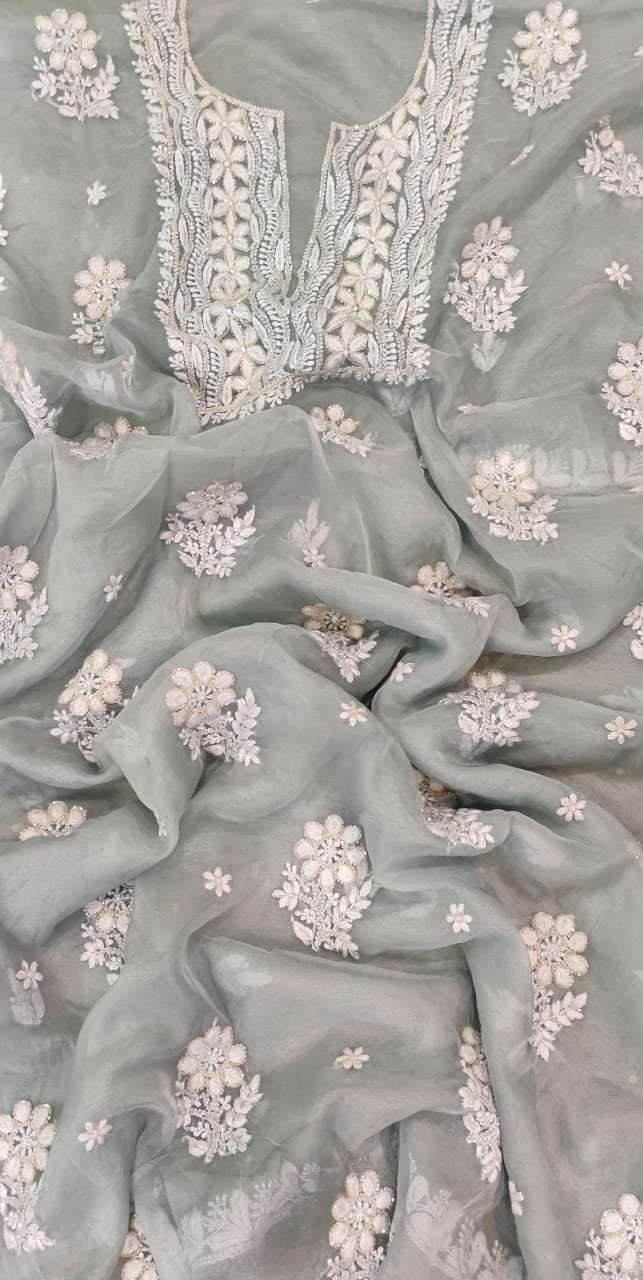 Pure Organza Silk Hand Chikankari Embroidery And Pearl Cut Dana Work Unstitched Suit.