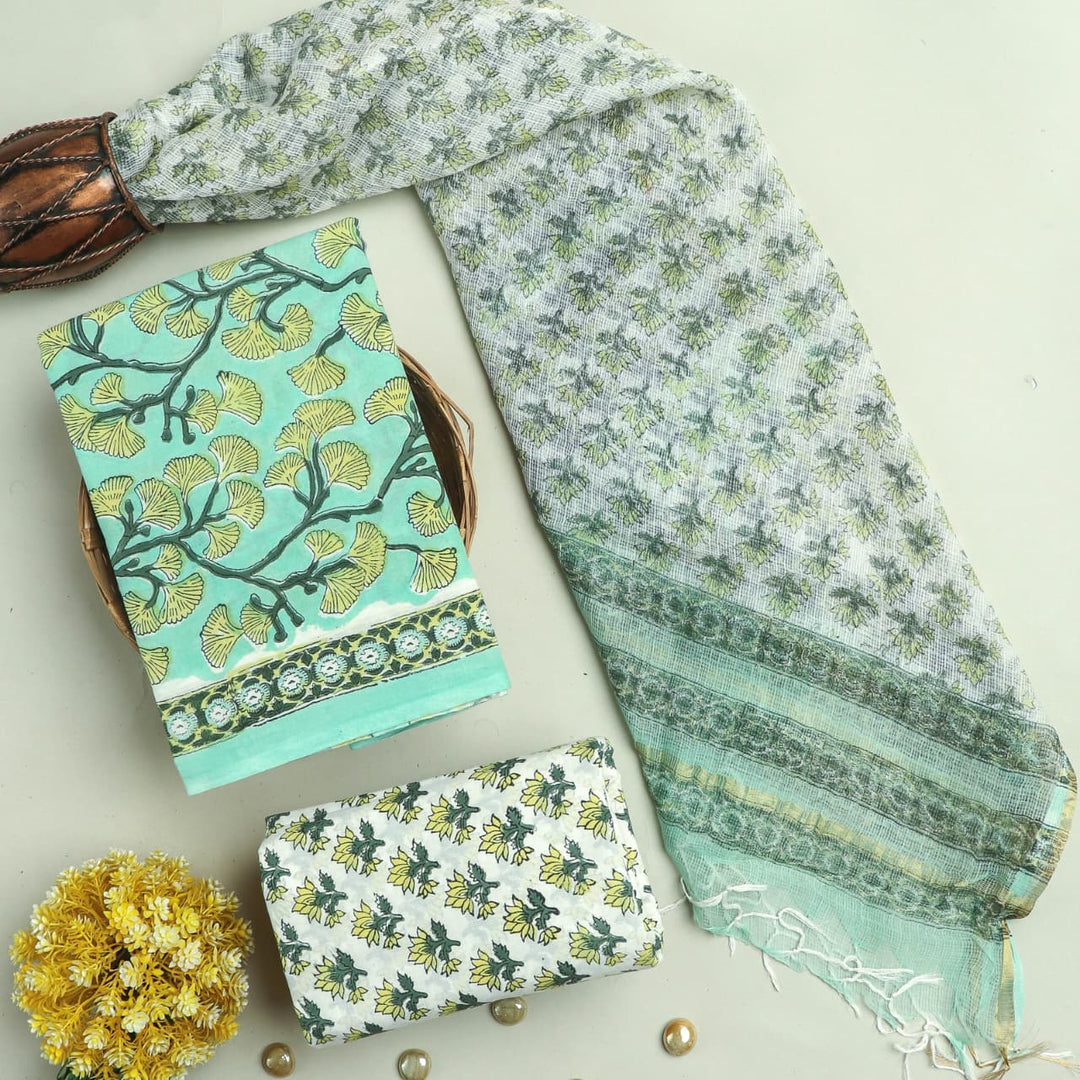 Pure Cotton Hand block print Unstitched Suit with Kota Dupatta .