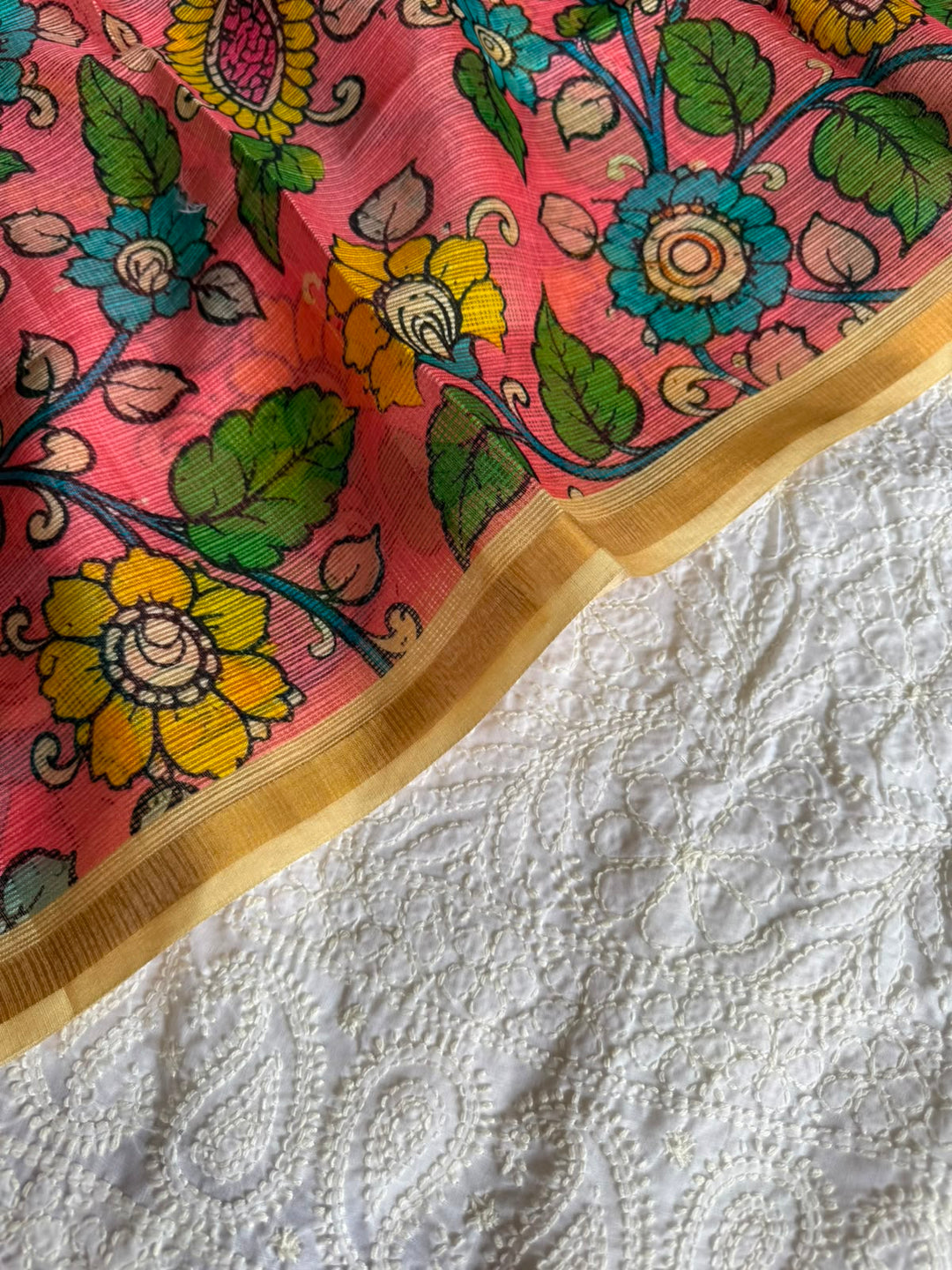 Pure Cotton Chikankari Hand Work Unstitched suit With Kalmkari Kota Doriya Dupatta.(without bottom)