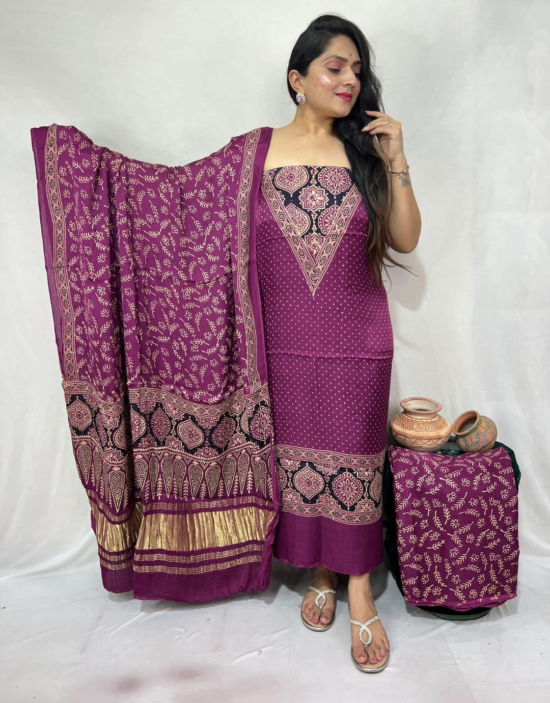 Pure Modal Silk Ajrakh Hand Block Zari Pallu Weaved 3pc Unstitched Suit