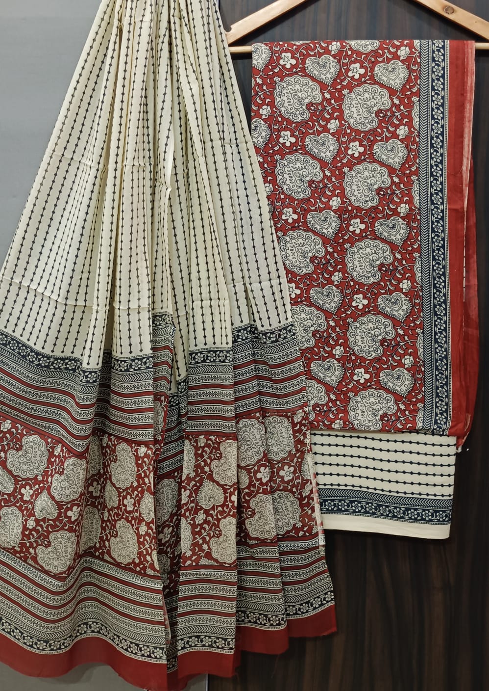 Hand-Block Print Pure Cotton Unstitched Suit With Cotton Dupatta.