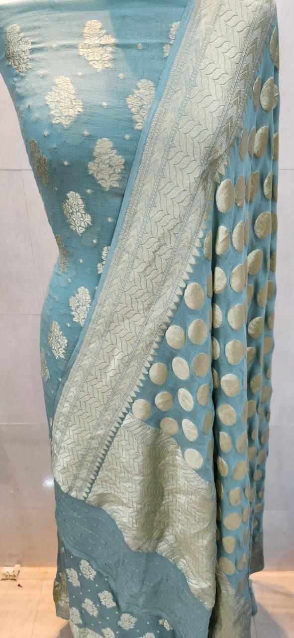 Pure Khaddi Georgette Zari Work Unstitched Suit With Khaddi Georgette Dupatta.