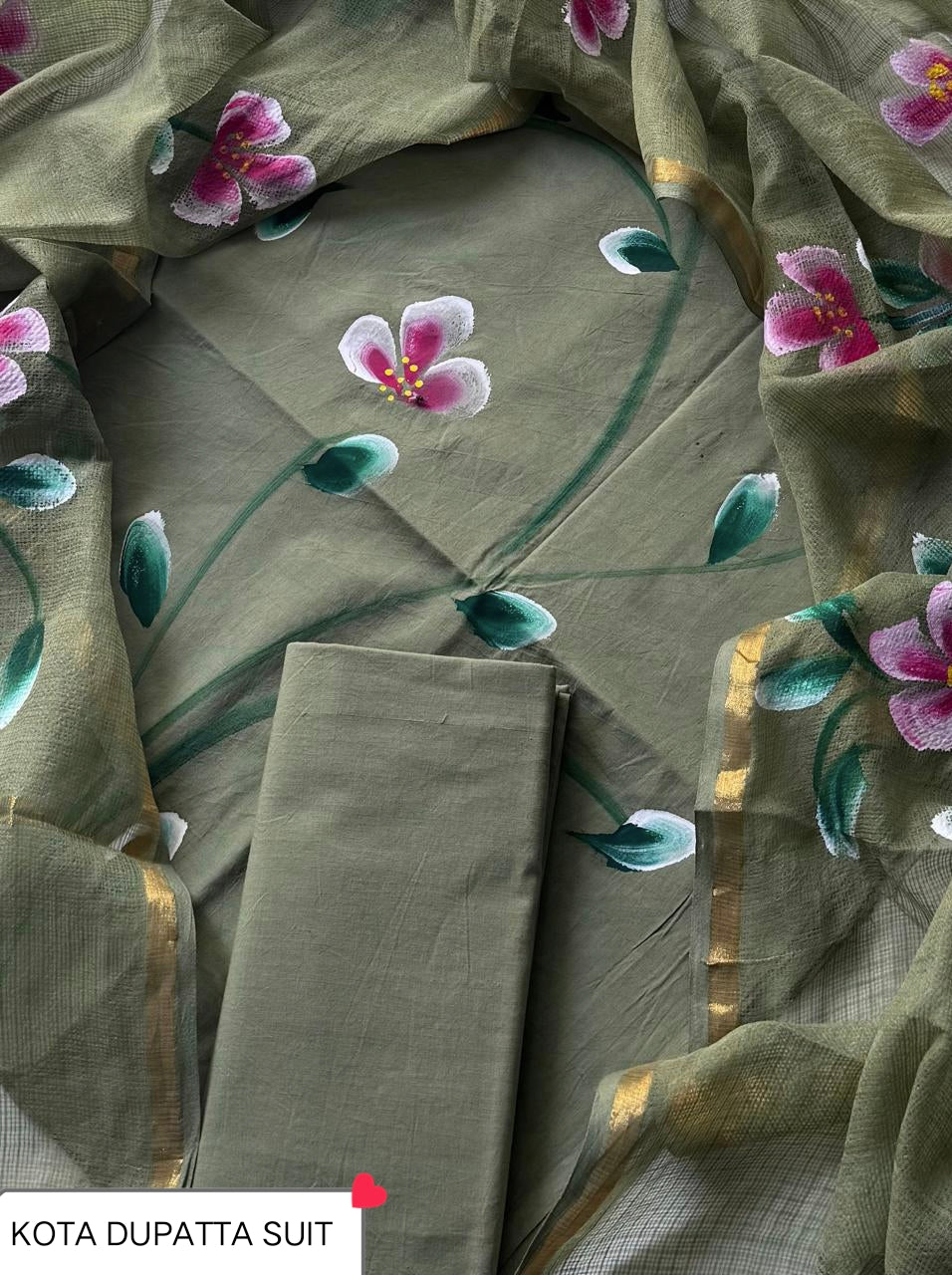 Pure Cotton Hand block print Unstitched Suit with Kota Dupatta