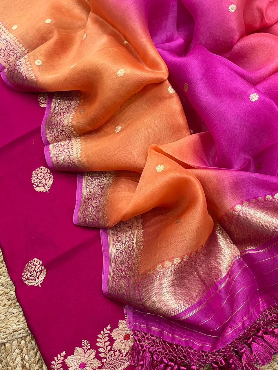 Pure Banarasi Raw Mango Silk Zari Weaved Unstitched Suit with Pure Khaddi Organza Dupatta.