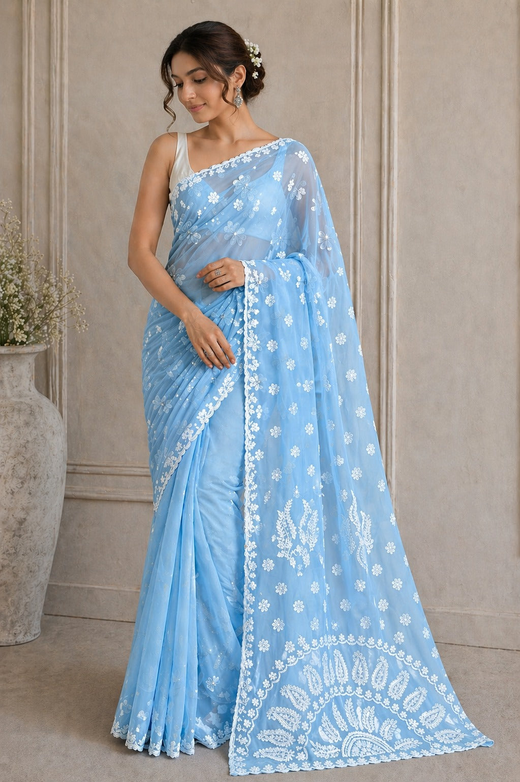 Pure Chiffon Chikankari Half Jaal Work Hand Embroidery Saree with Blouse