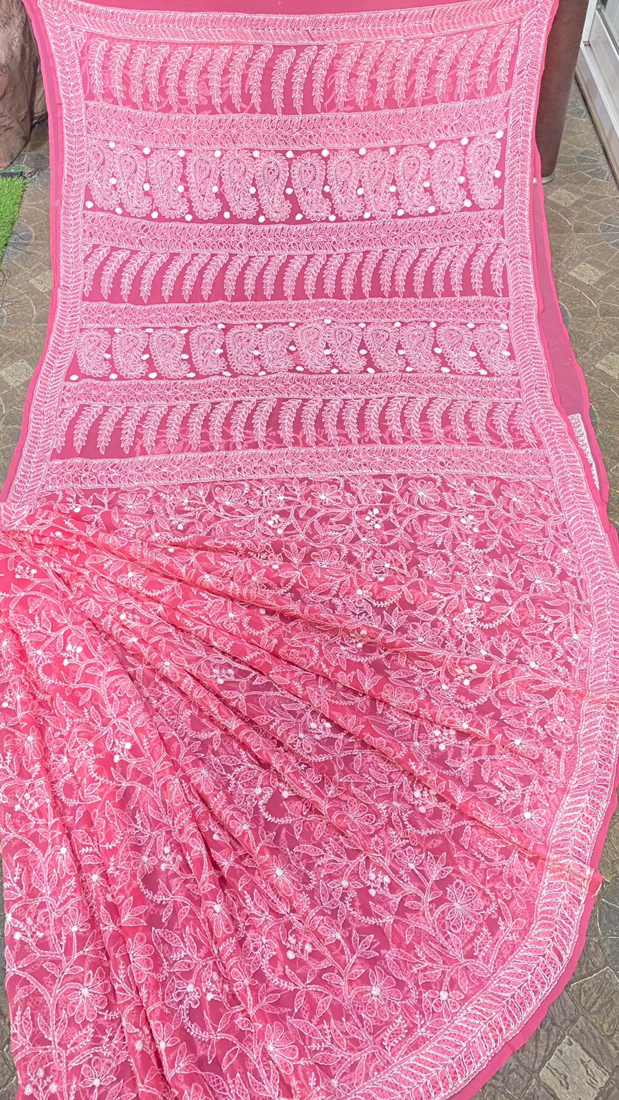 Pure Chiffon Georgette Chikankari Hand Embroidery Full Jaal Work Saree.